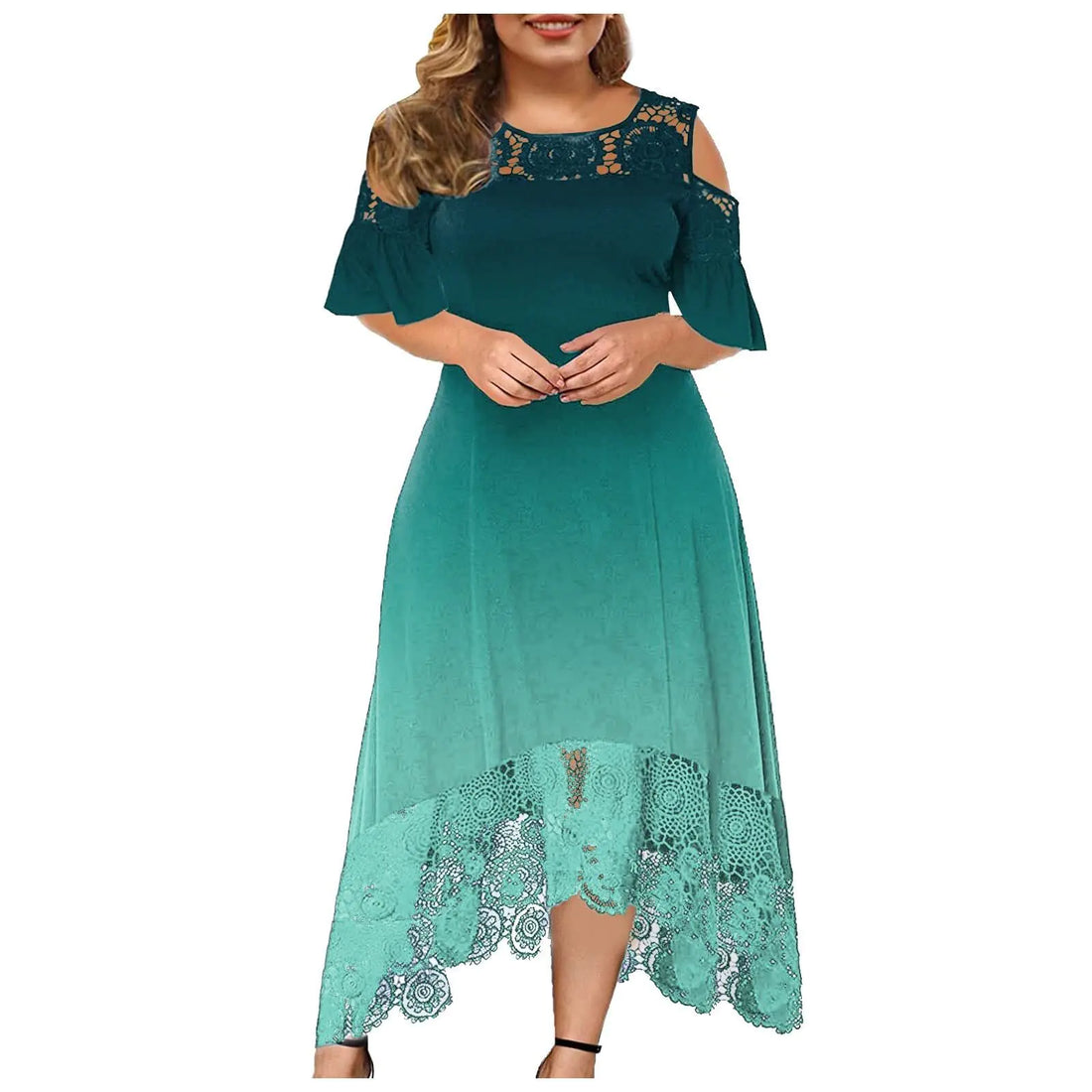 Women's Off-Shoulder Lace Trim Gradient High-Low Dress - Image 26