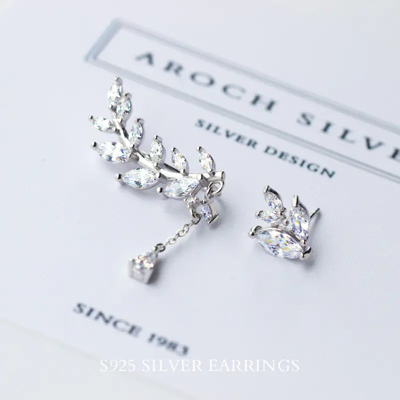 925 Silver Asymmetrical Earrings with Diamond Leaves
