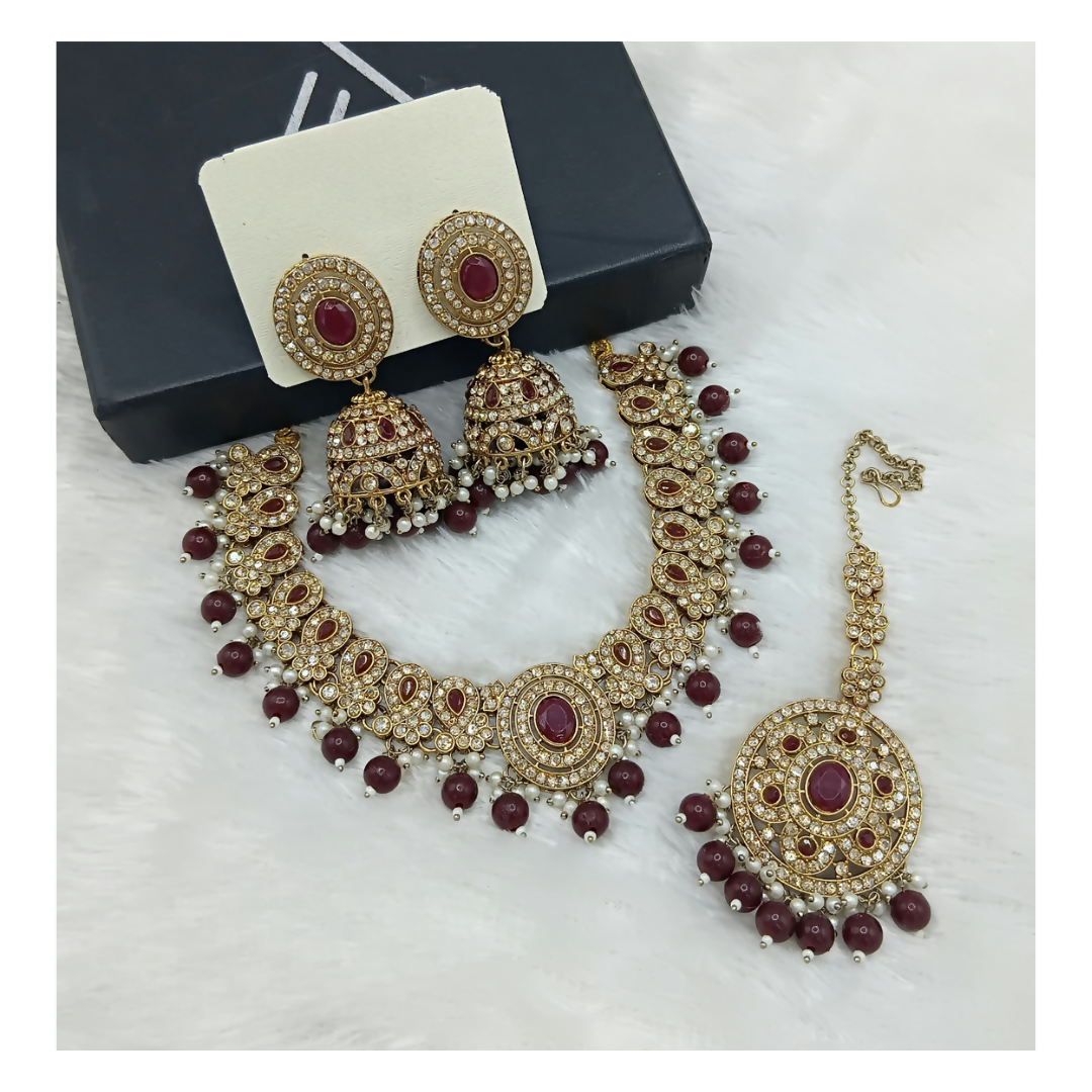 Rich Maroon Stone Work Necklace Set with matching earrings