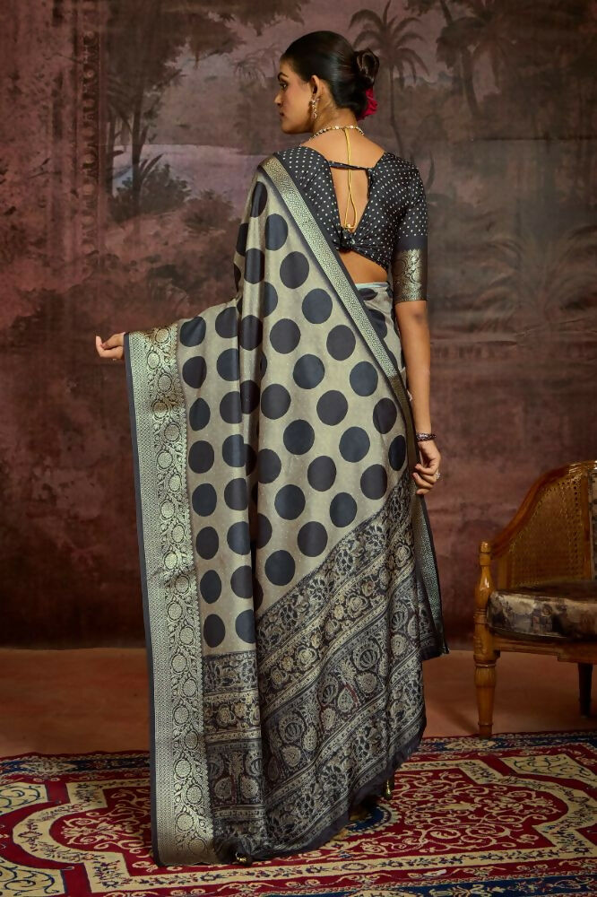 Dark Grey Dola Tussar Silk Saree with Self Jacquard Border
