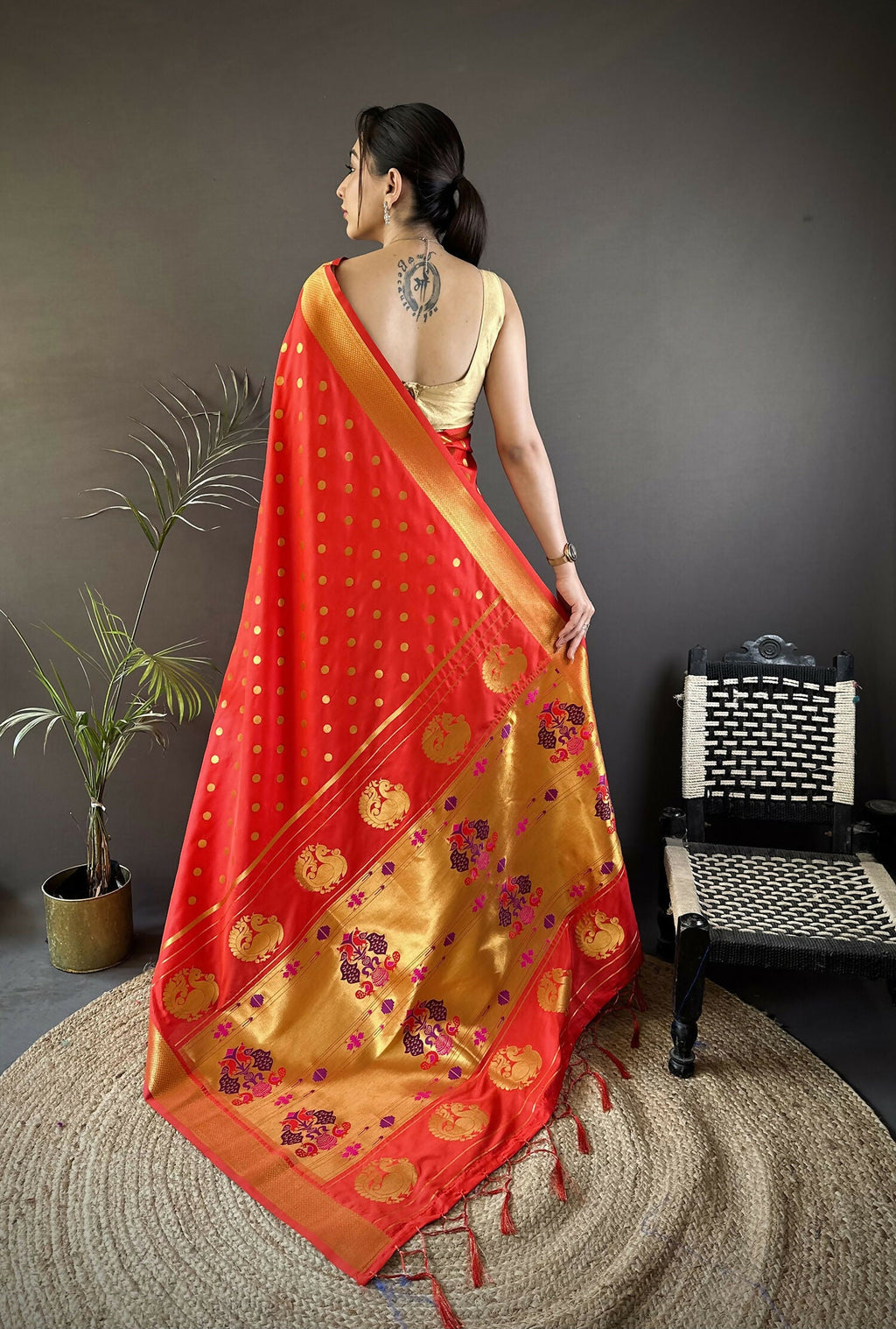 Red Polka Dot Lichi Silk Paithani Saree with Matching Blouse