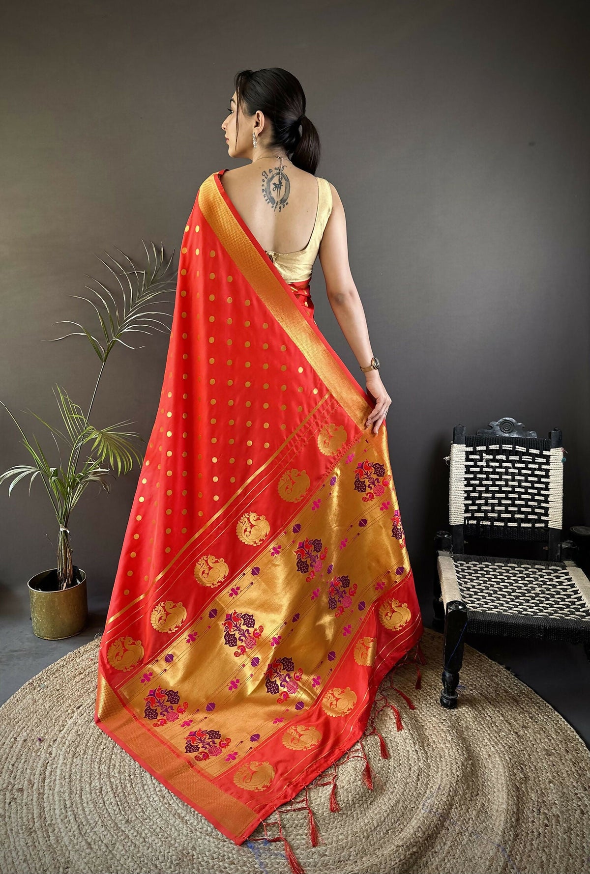 Red Polka Dot Lichi Silk Paithani Saree with Matching Blouse