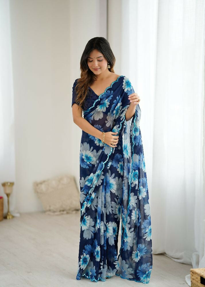 Blue Georgette Saree with Mirror Work and Matching Blouse