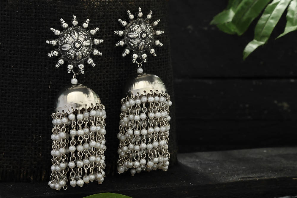 Silver-Plated Pearl Jhumka Earrings Traditional Ethnic Jewelry
