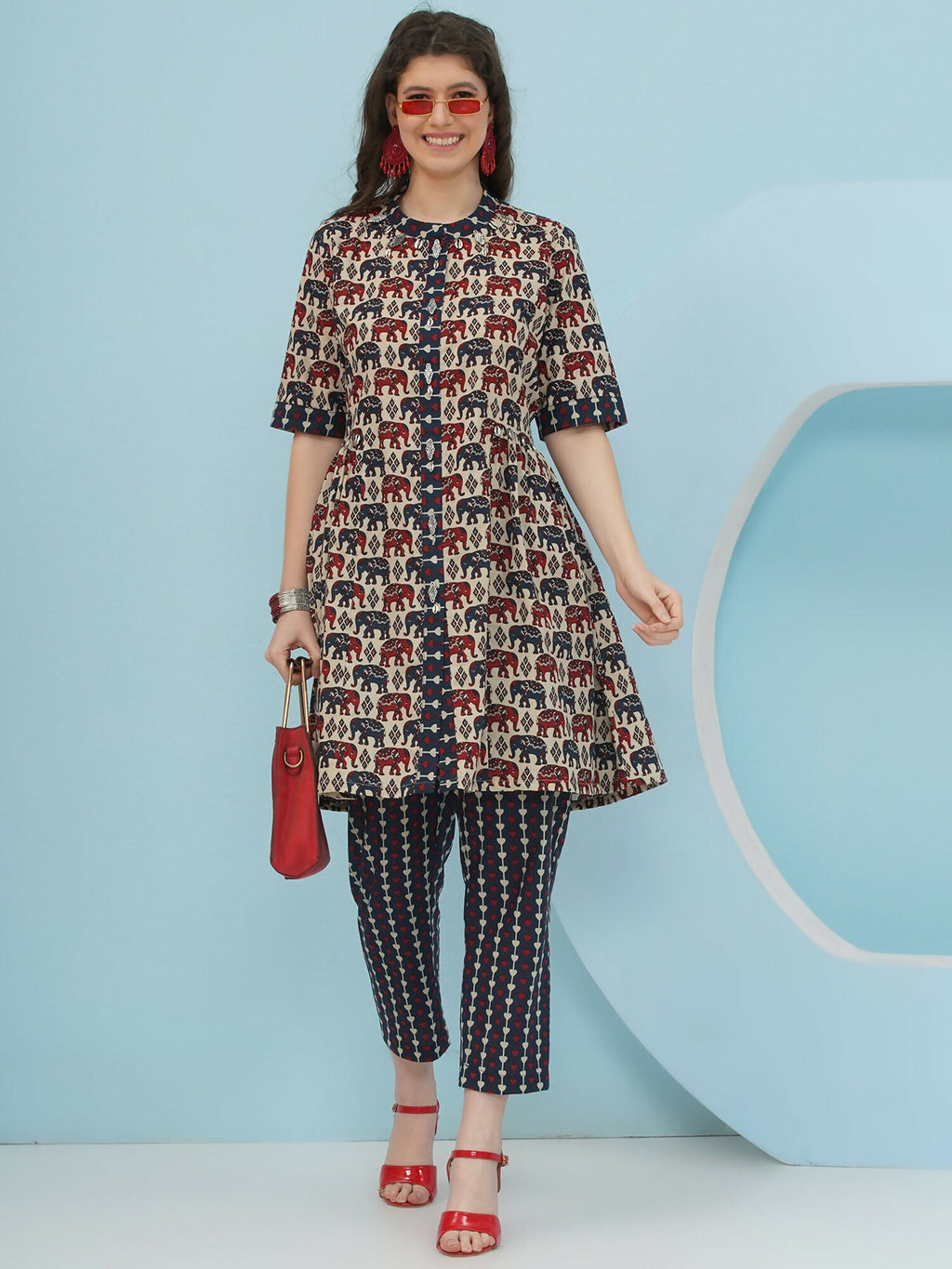 Beige Elephant Printed Cotton Co-Ord Set for Women