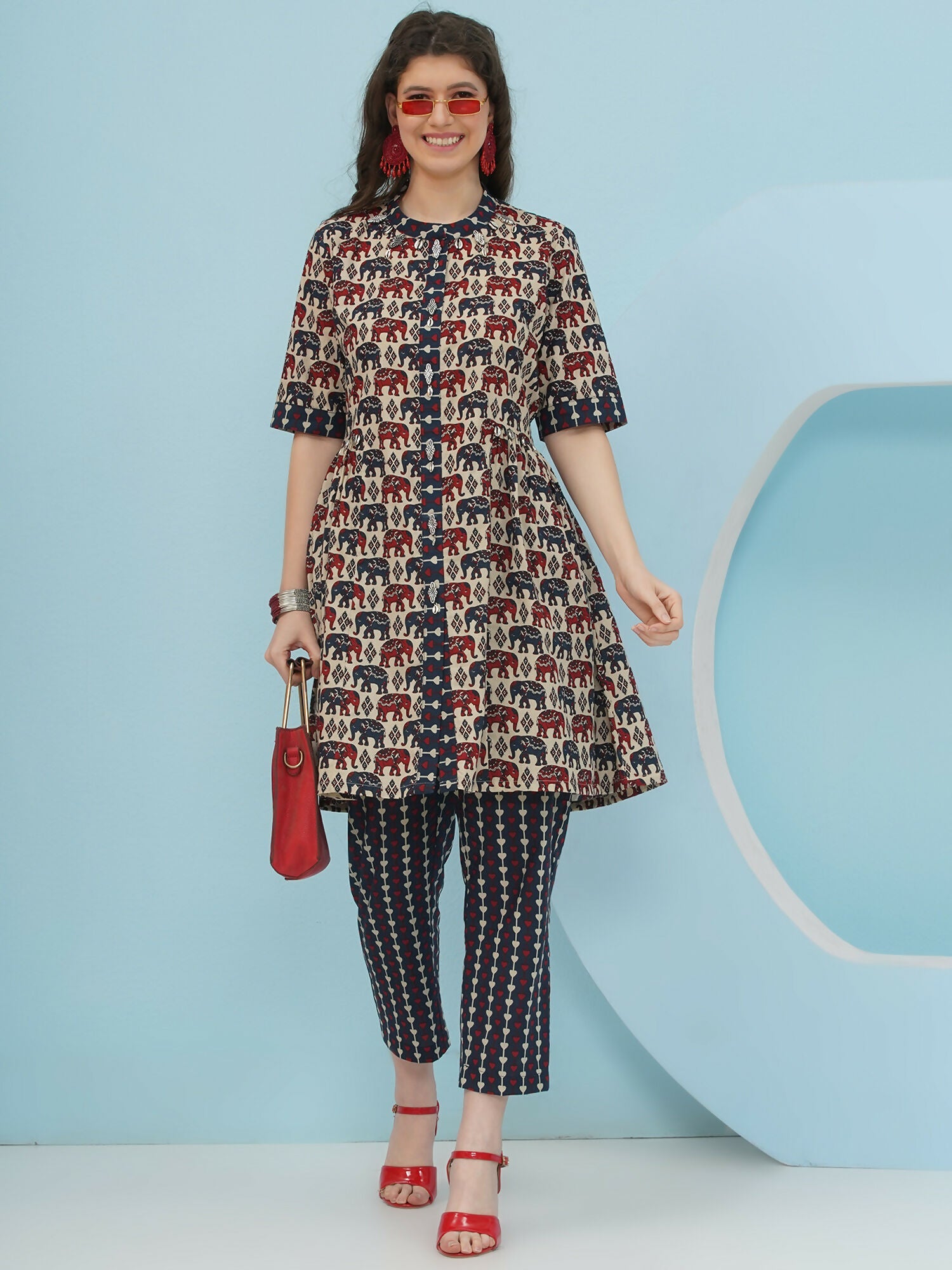 Beige Elephant Printed Cotton Co-Ord Set for Women