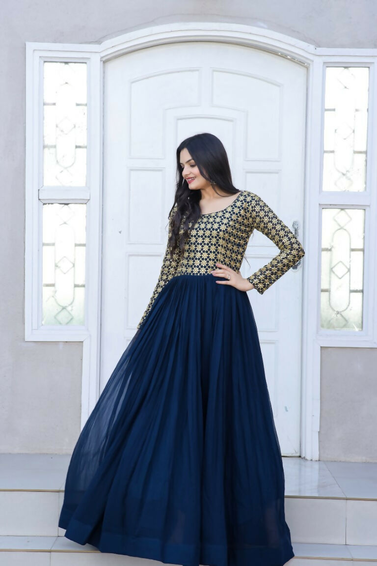 Navy Blue Sequence Zari Embroidered Faux Blooming Dress