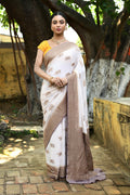 Elegant ivory crepe chiffon handloom Banarasi silk saree
