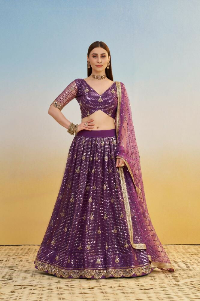 Dark purple butterfly net lehenga with intricate thread, sequence, and mirror work