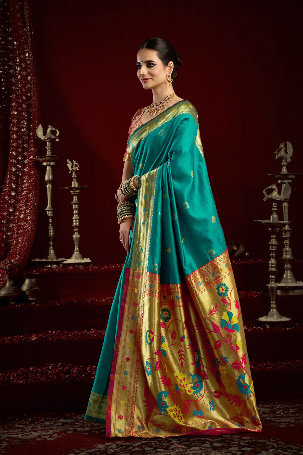 Aqua Blue Paithani Silk Blend Saree with Butti Work