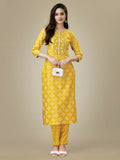 Yellow embroidered straight kurta with matching pant set