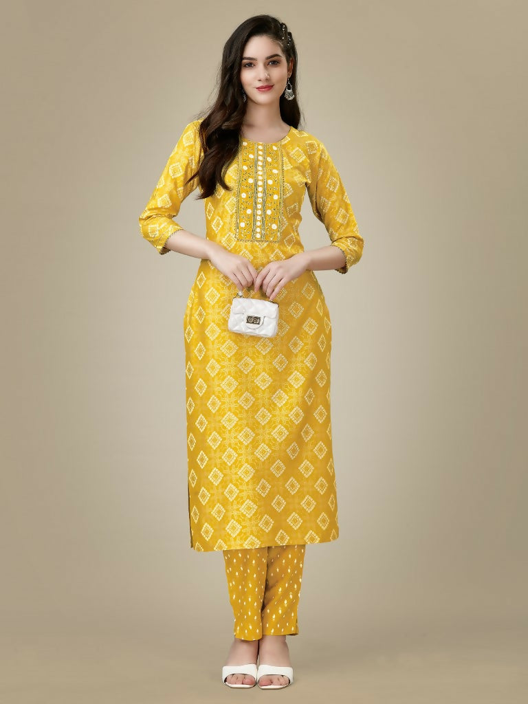 Yellow embroidered straight kurta with matching pant set
