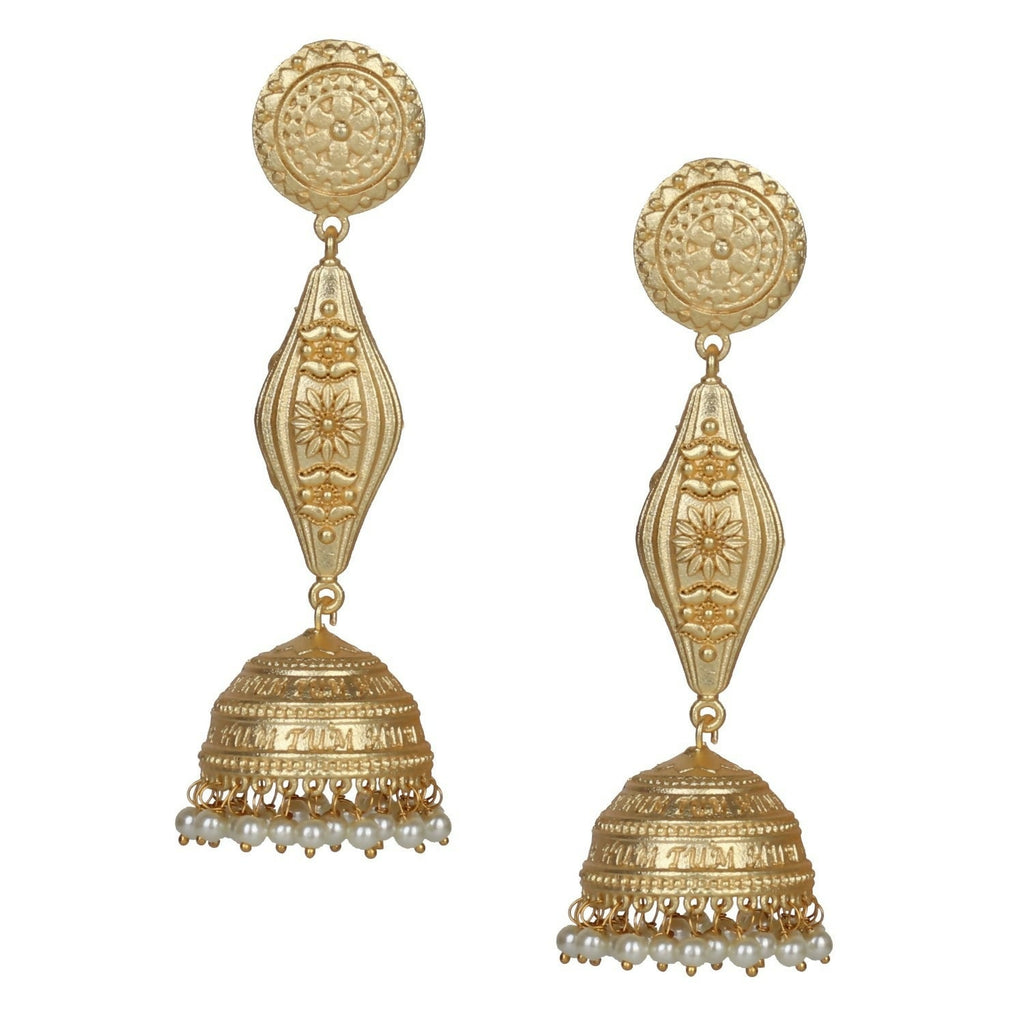 A pair of long, handcrafted matte gold brass jhumka earrings with intricate etched detailing.