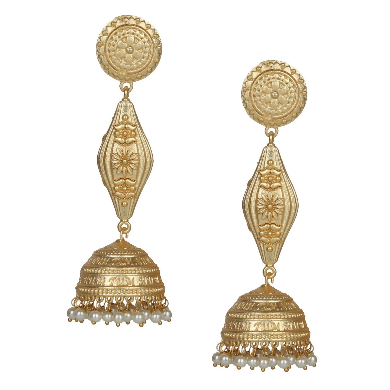 A pair of long, handcrafted matte gold brass jhumka earrings with intricate etched detailing.
