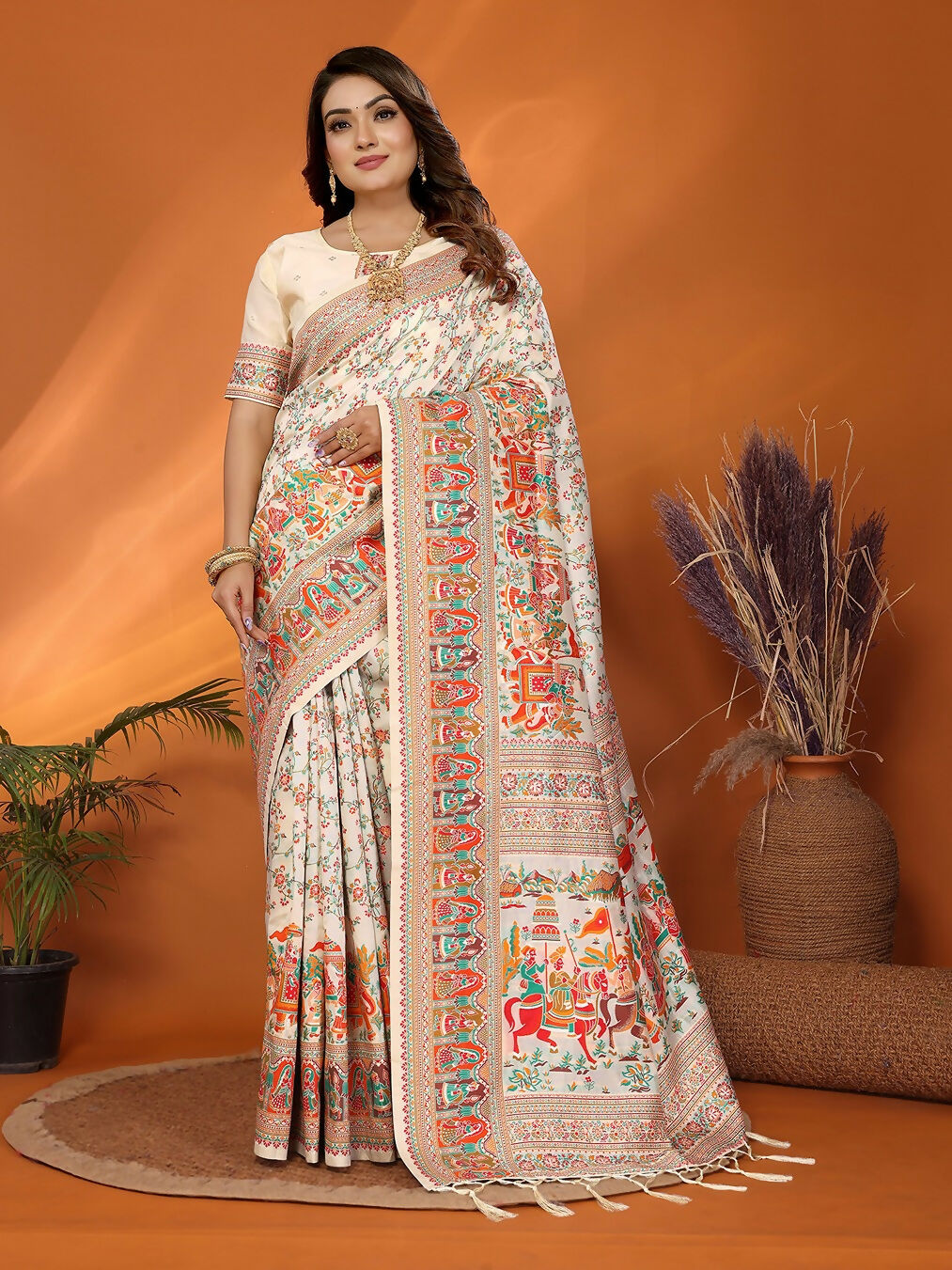 Off White Meena Weaves Silk Blend Pashmina Saree with Unstitched Blouse