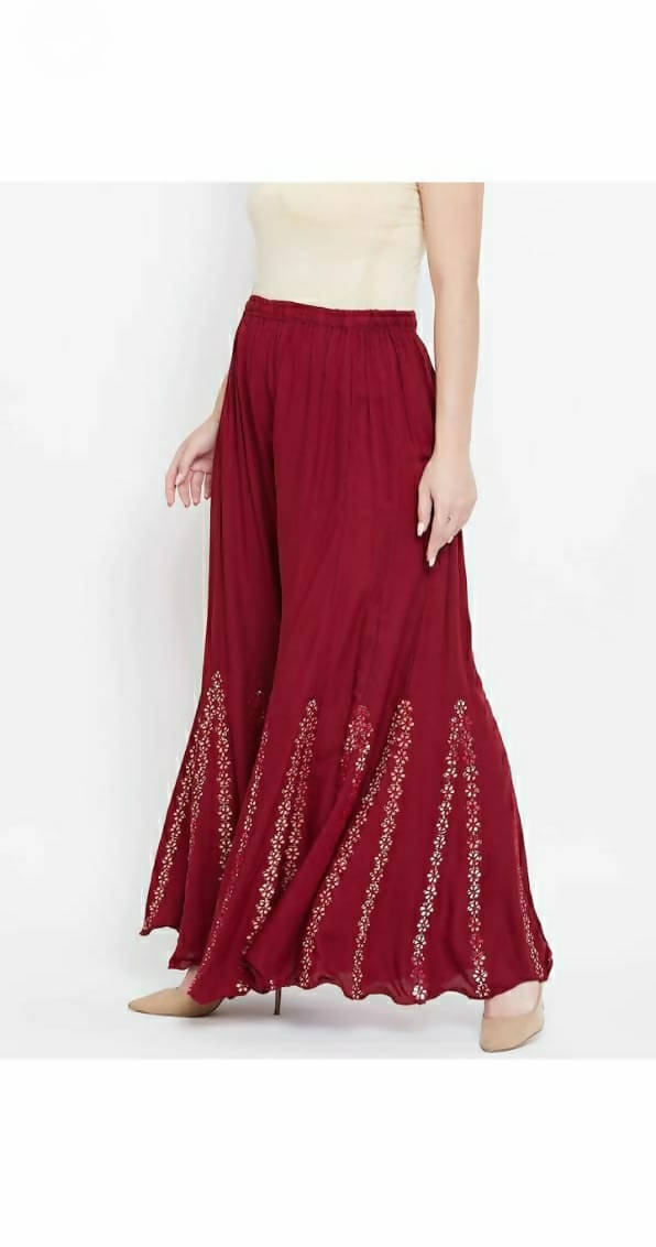 Maroon Mirror Work Palazzo Pants - Flowy Wide Leg Ethnic Bottoms