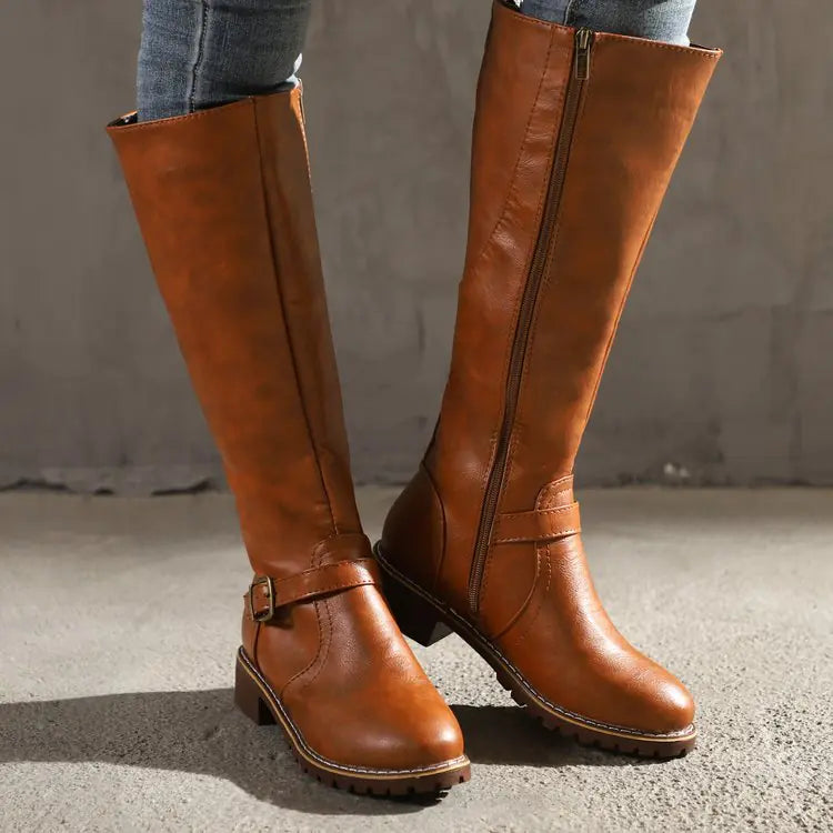 Women's Retro Knee-High Boots with Buckle and Low Block Heel - Image 25