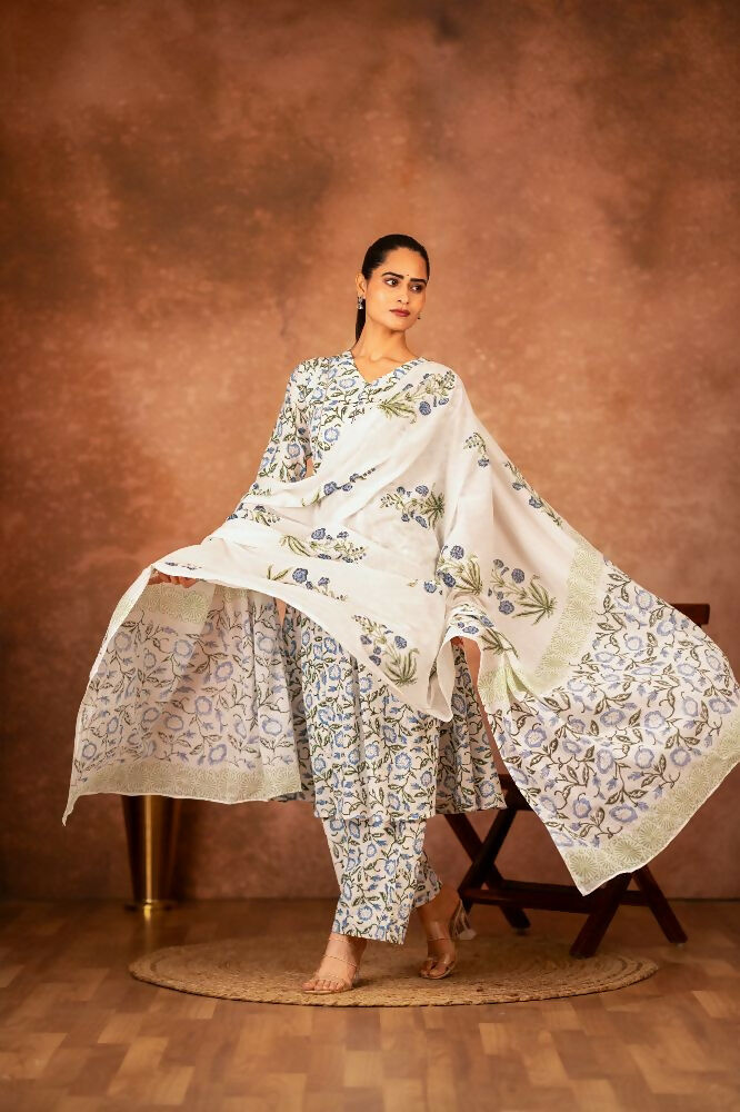 Blue hand block printed cotton suit set with elegant detailing