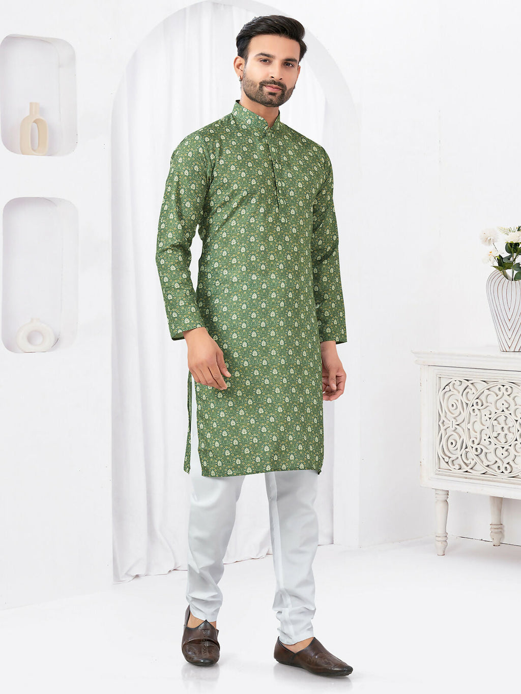 Green Rayon Cotton Printed Kurta Pyjama Set for Boys