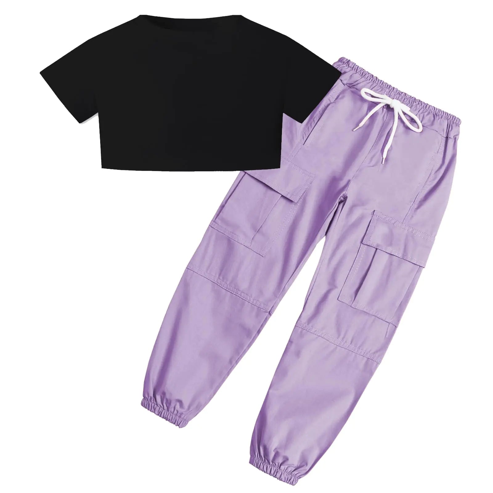SANGTREE 2 Piece Outfits Girls Shirt + Cargo Jogger Pants With Multi Pockets Elastic Waist Black+ Purple 9-10Y = Tag 150