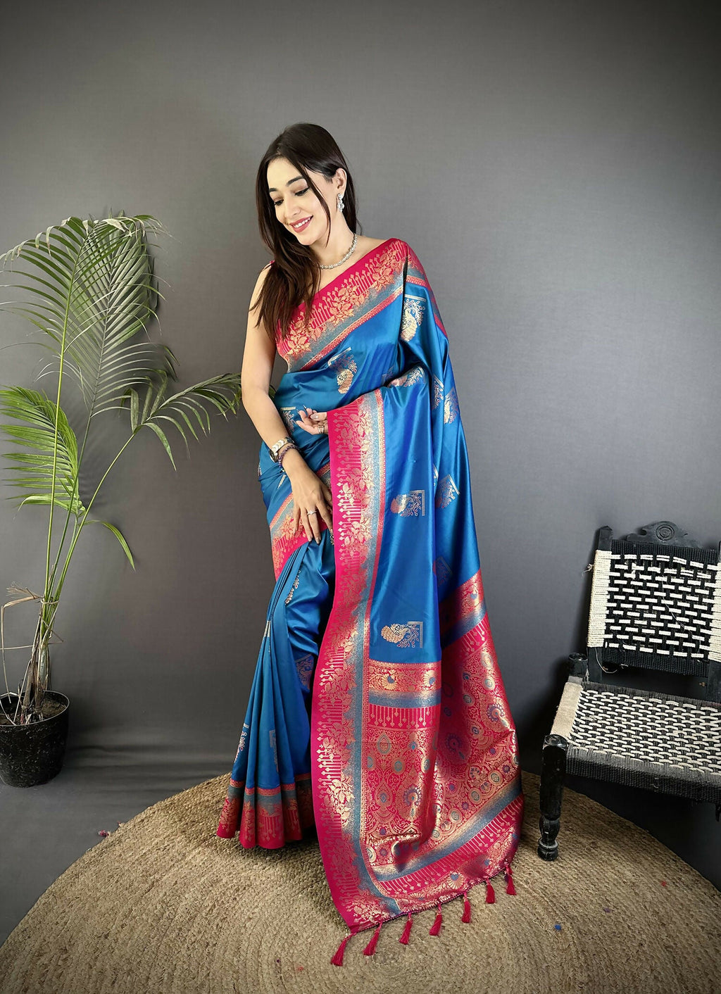 Royal Blue Banarasi soft silk saree with traditional peacock butta motifs