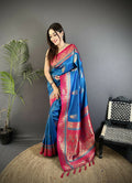 Royal Blue Banarasi soft silk saree with traditional peacock butta motifs