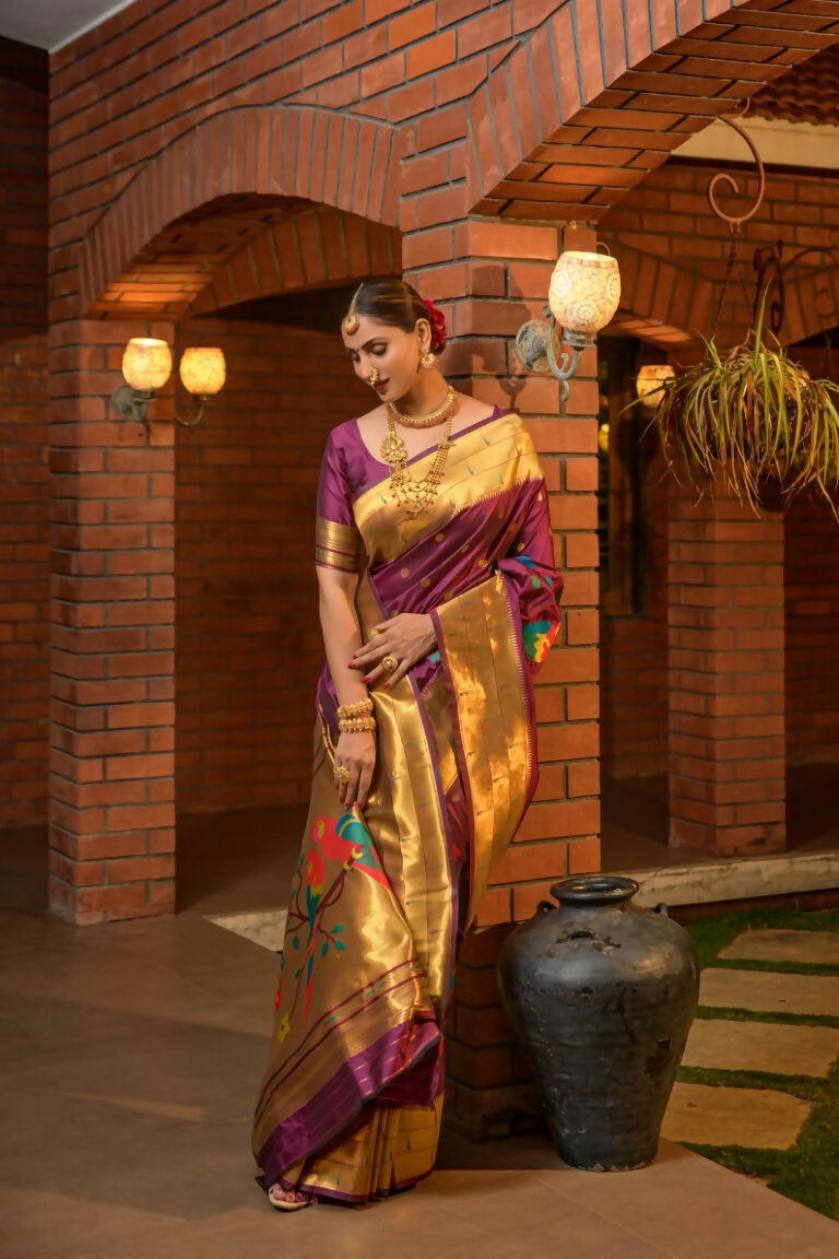 Wine Paithani Silk Saree with Zari Woven Border and Blouse Piece