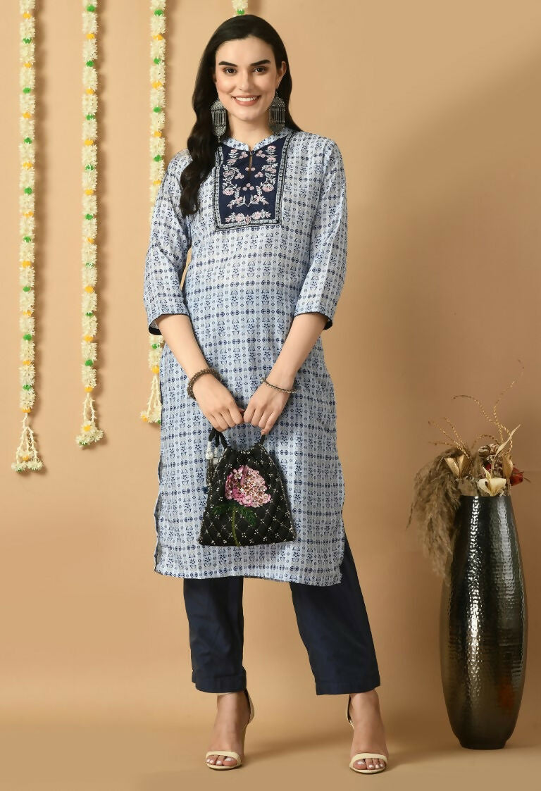 Blue Maslin Kurta Set with Cotton Bottoms - Elegant Ethnic Wear