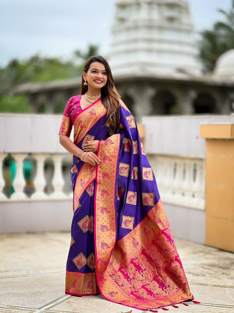 PR Fashion Violet Soft Banarasi Silk With Zari Weaving Meenakari Design Saree