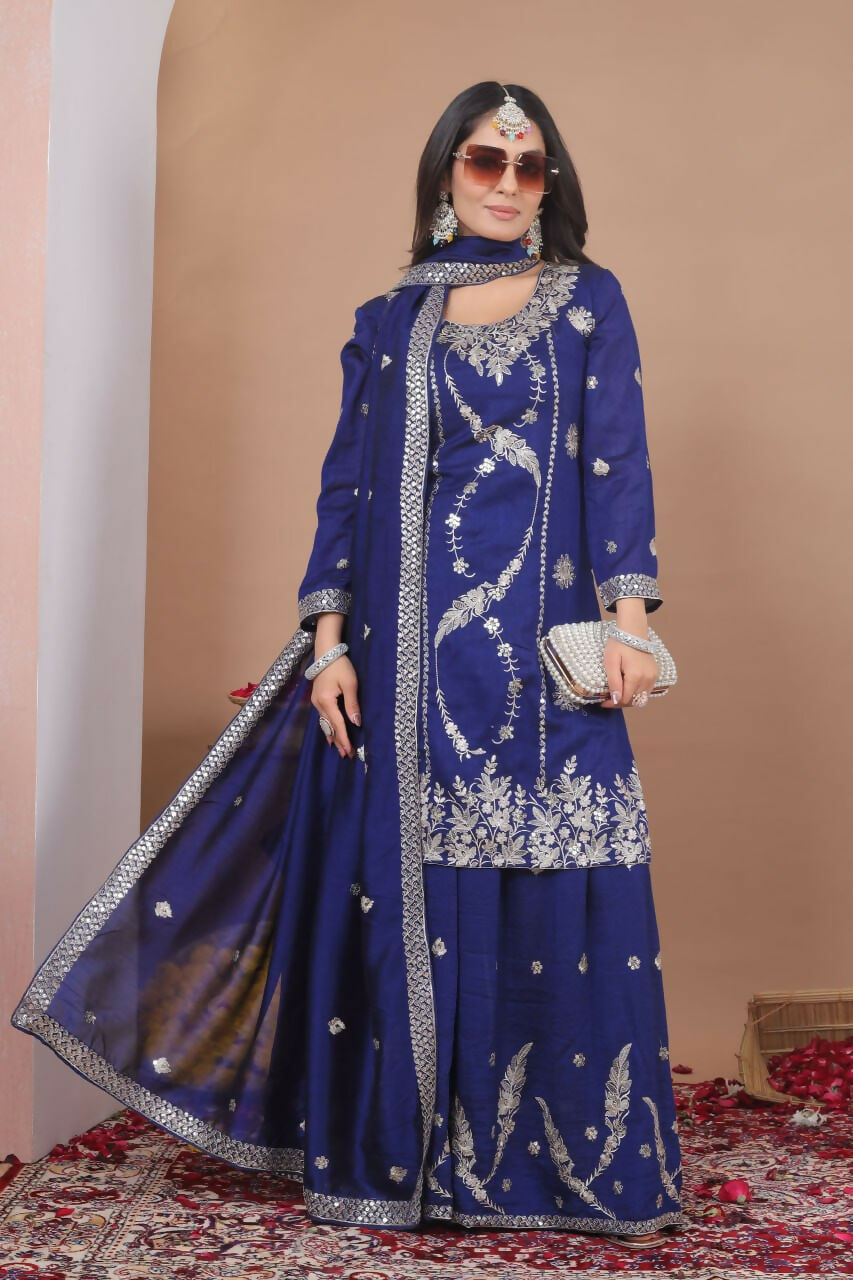 Blue Georgette Embroidered Sharara Set for Festive Occasions