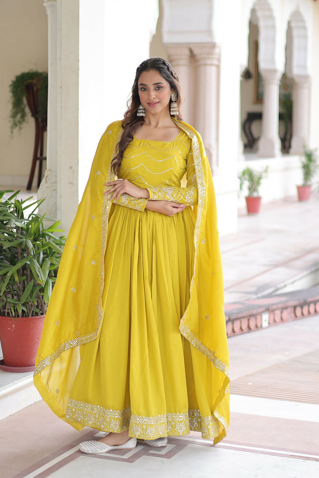 Yellow Silk Readymade Kurta Set with Sequins Embroidery