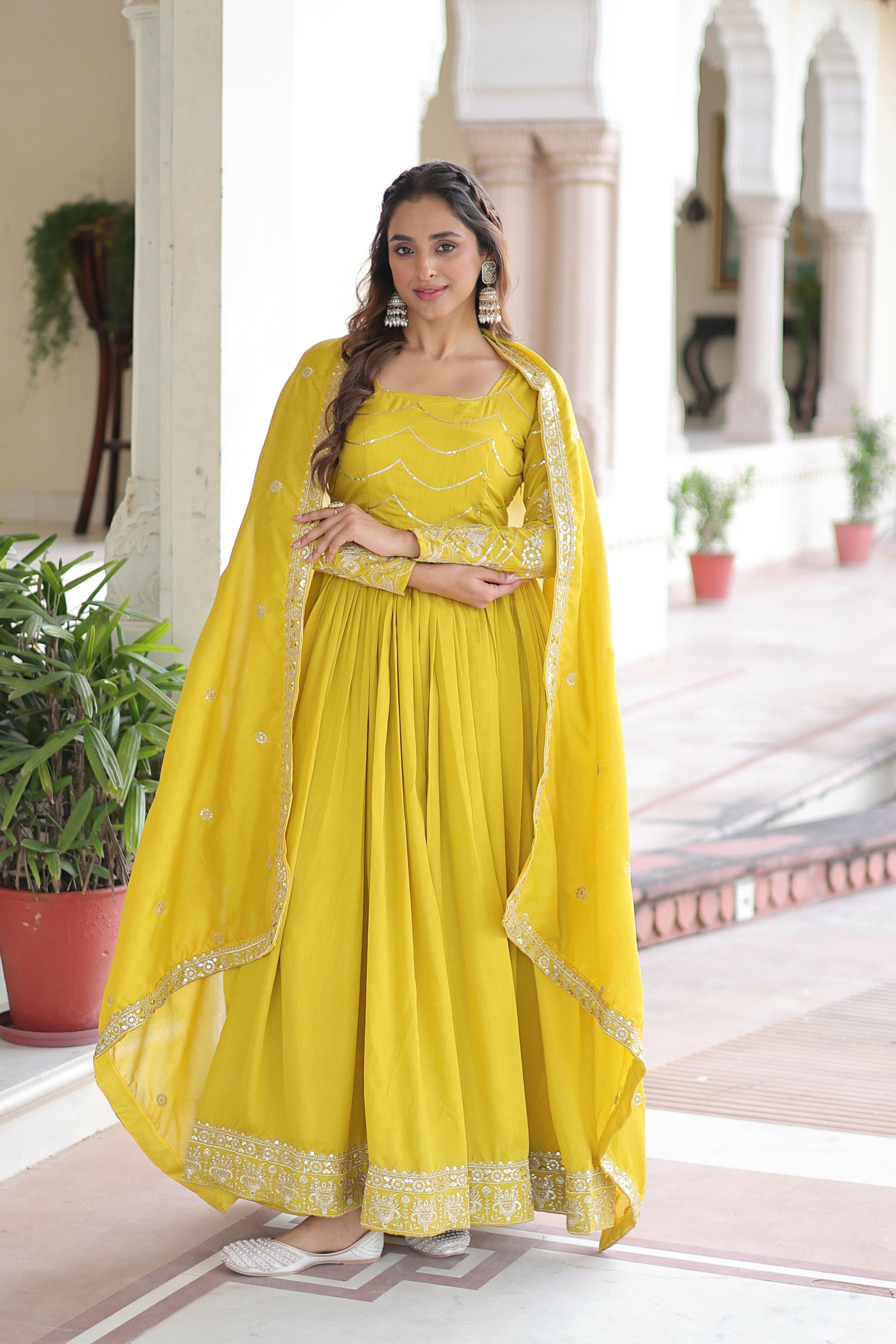 Yellow Silk Readymade Kurta Set with Sequins Embroidery