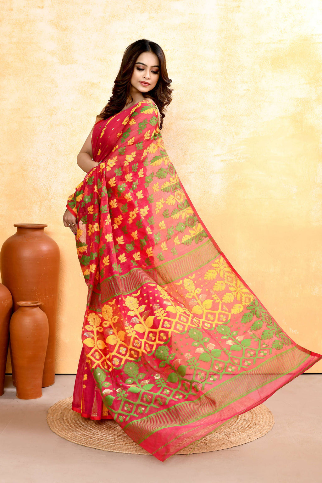 Red Embellished Cotton Blend Jamdani Saree for Women