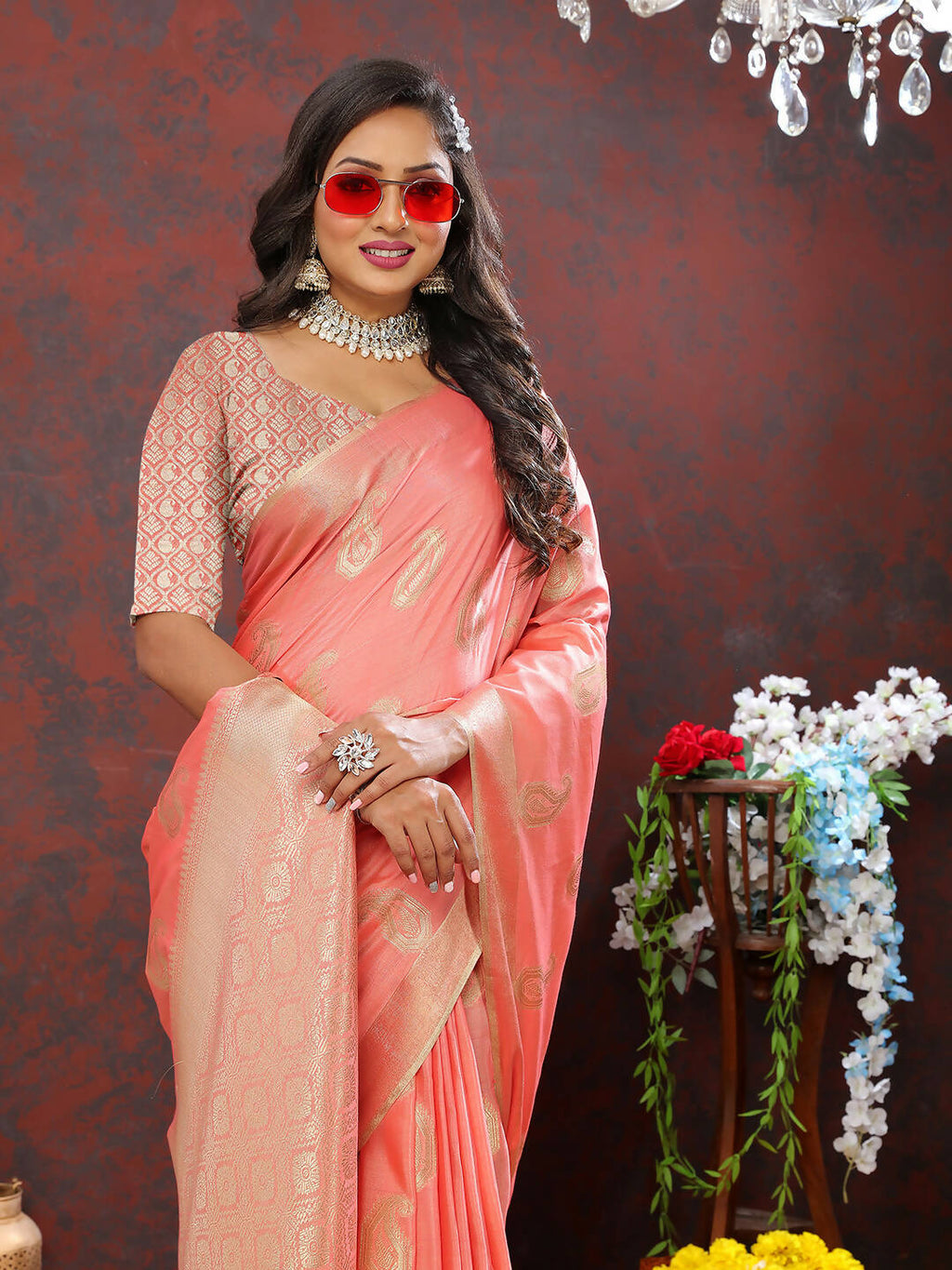 Lorenvalley Fashion Peach Cotton Woven Design with Zari Weaving Design Saree