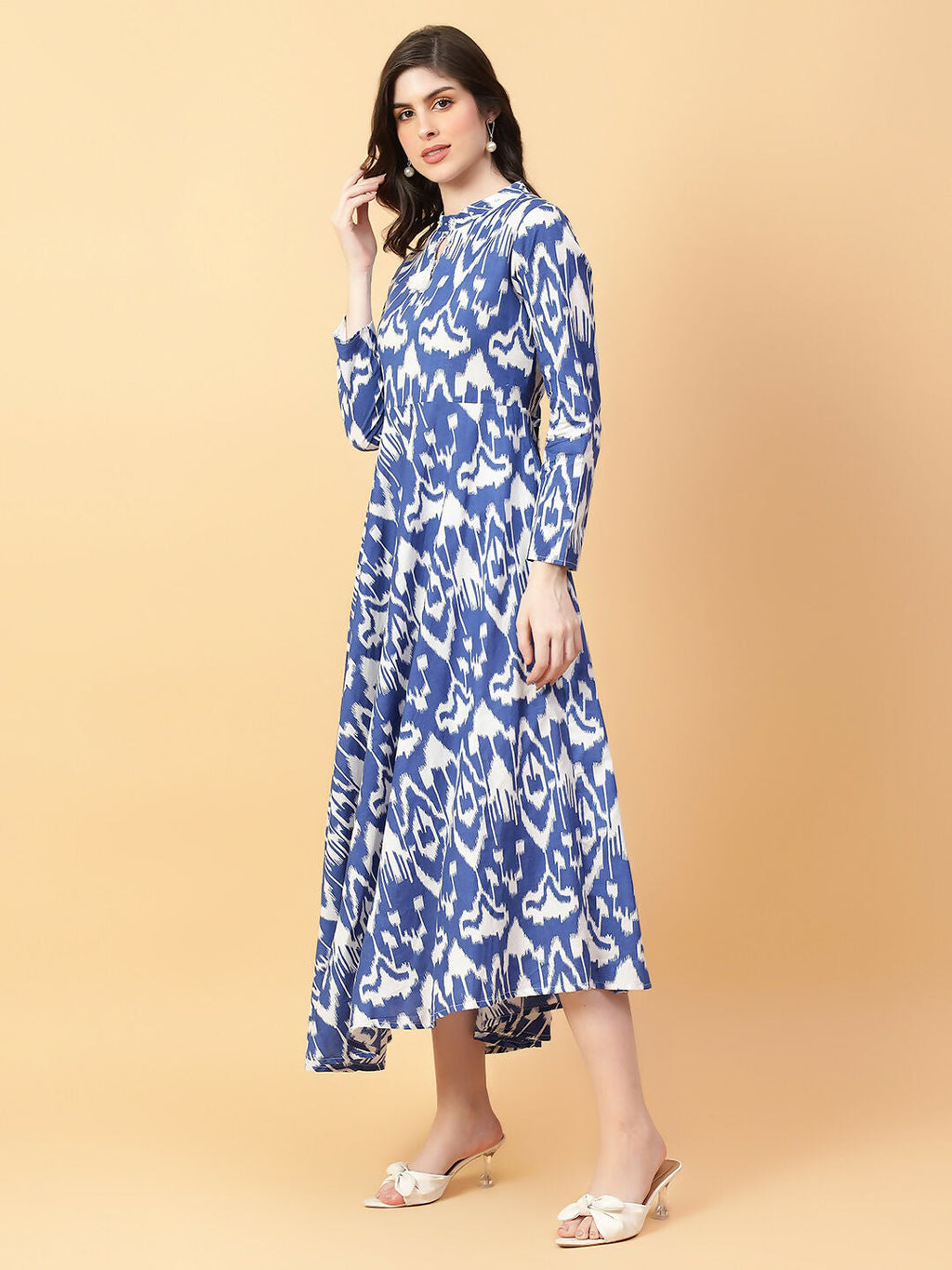 Blue Cotton Printed Dress with Hand Work - Ethnic Fusion Style