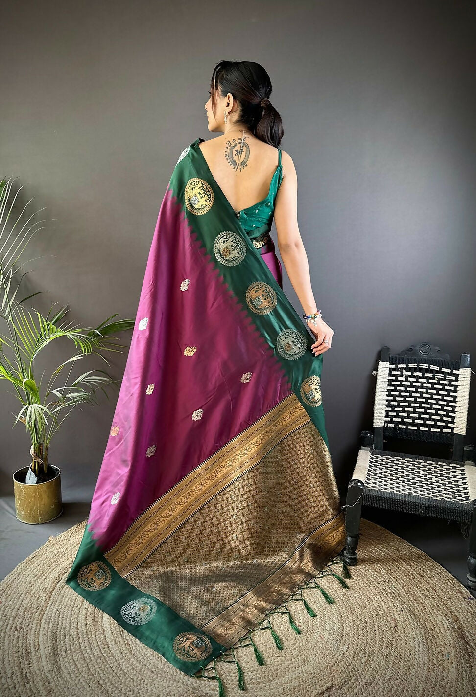 Blue Butti Banarasi Silk Saree with Unstitched Blouse