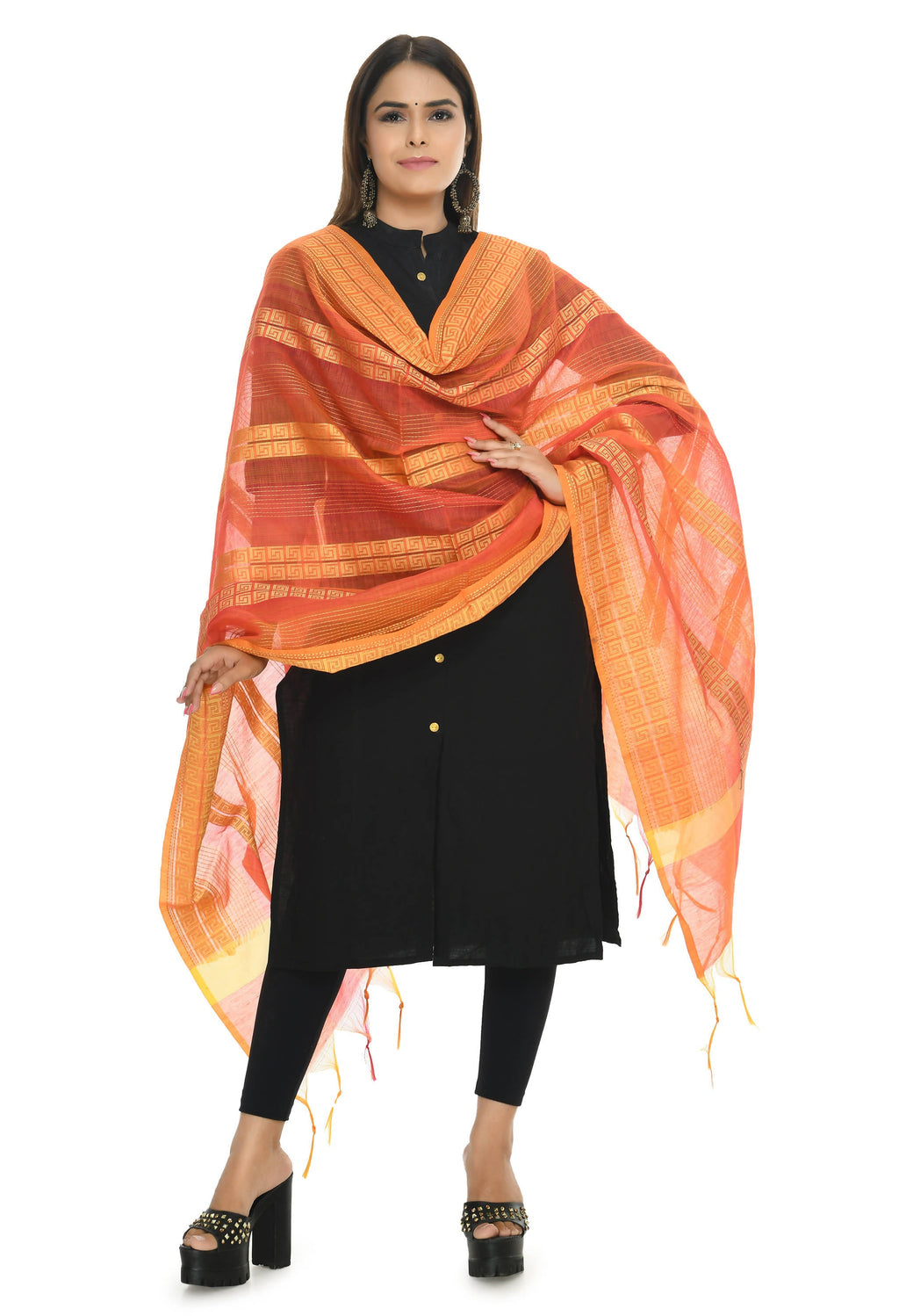 Orange tone handloom cotton dupatta with natural texture
