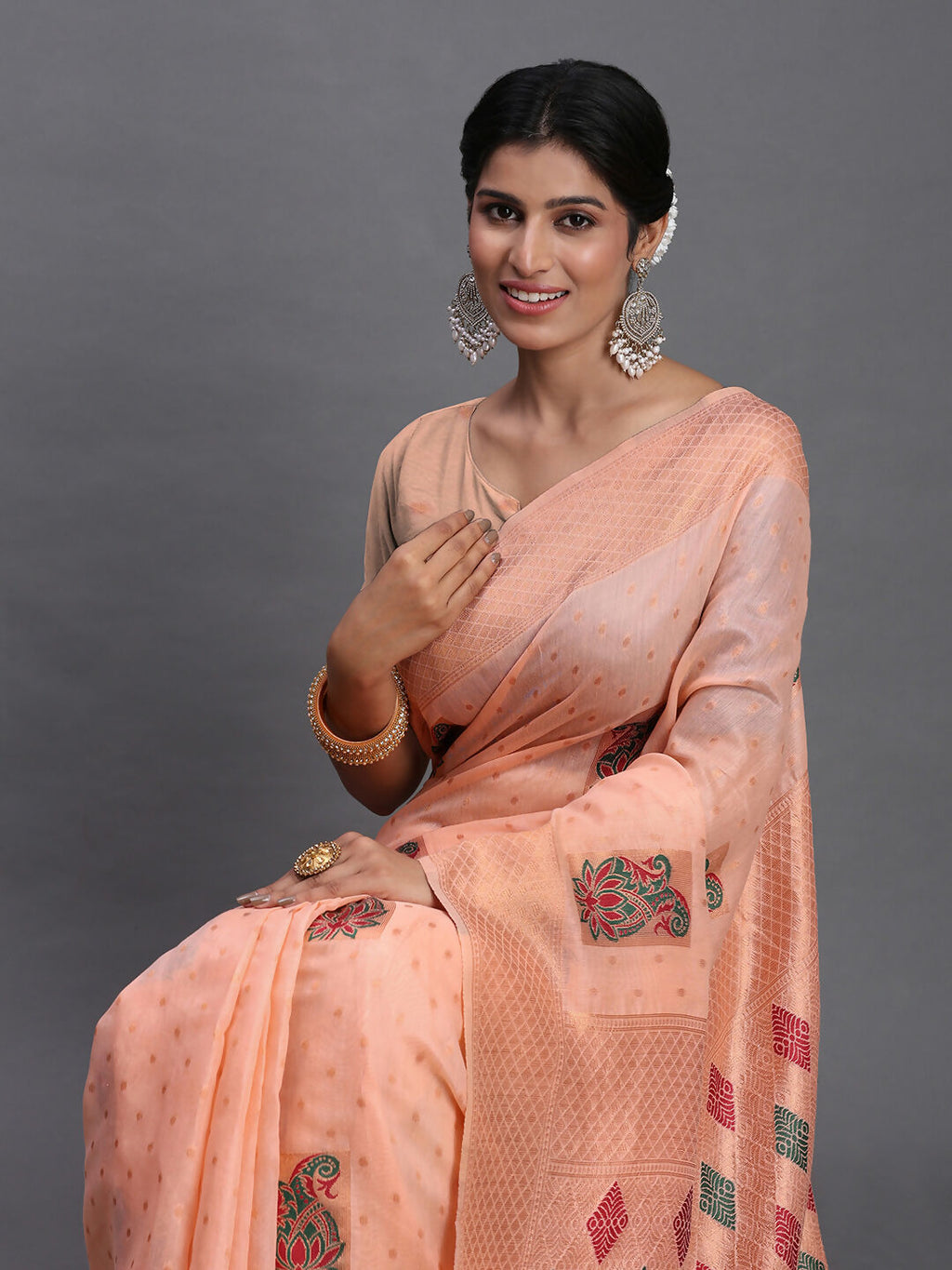 Peach Linen Cotton Saree with Matching Blouse Piece