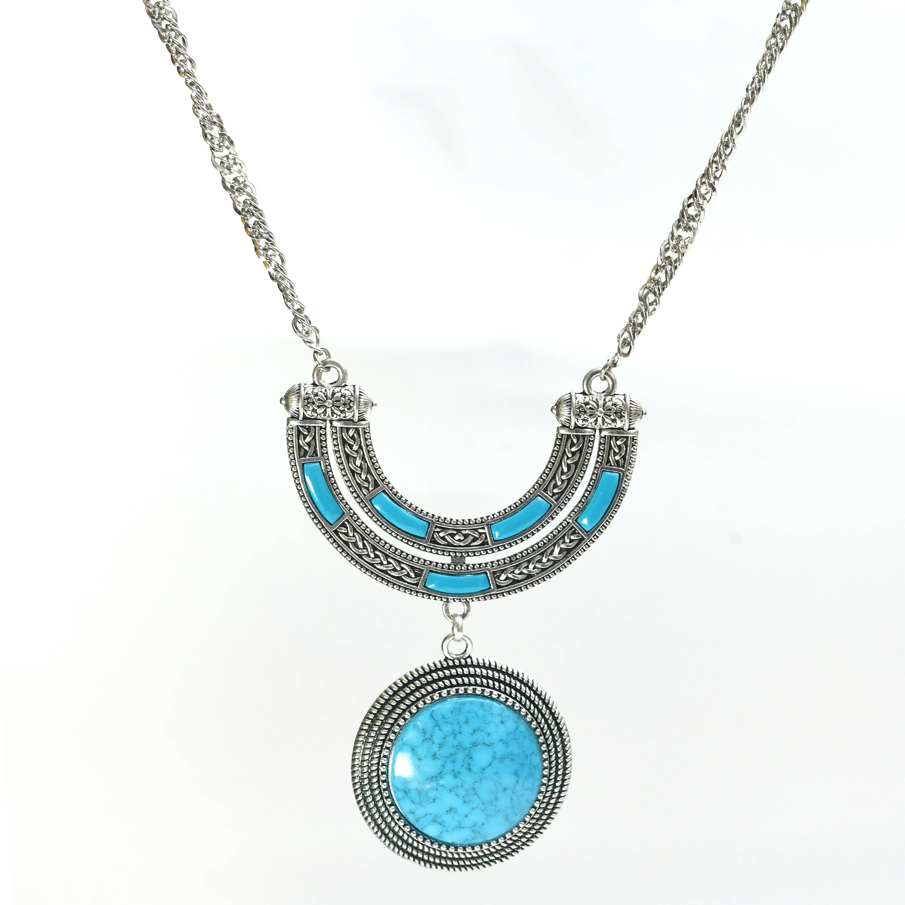 Oxidised Silver-Plated Sky Blue Stone Work Long Necklace