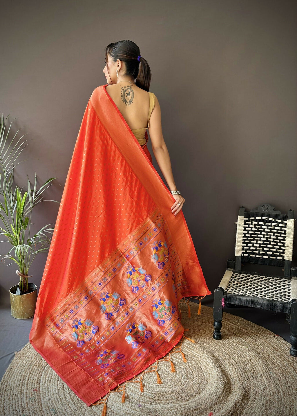Orange Jacquard Butti Soft Lichi Silk Paithani Saree