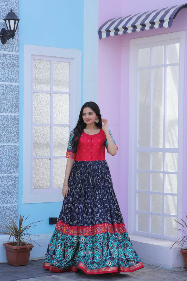 Navy blue Dola Silk Anarkali dress with traditional Patola patterns and metallic foil print