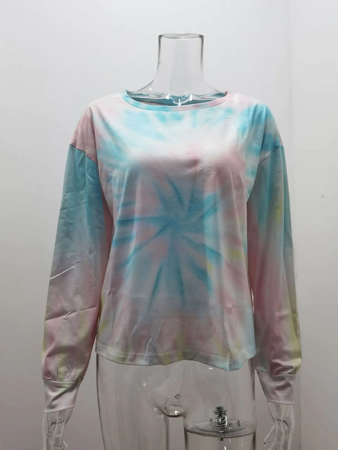 Women's Yellow and Green Tie Dye Long Sleeve Round Neck Top - Image 9