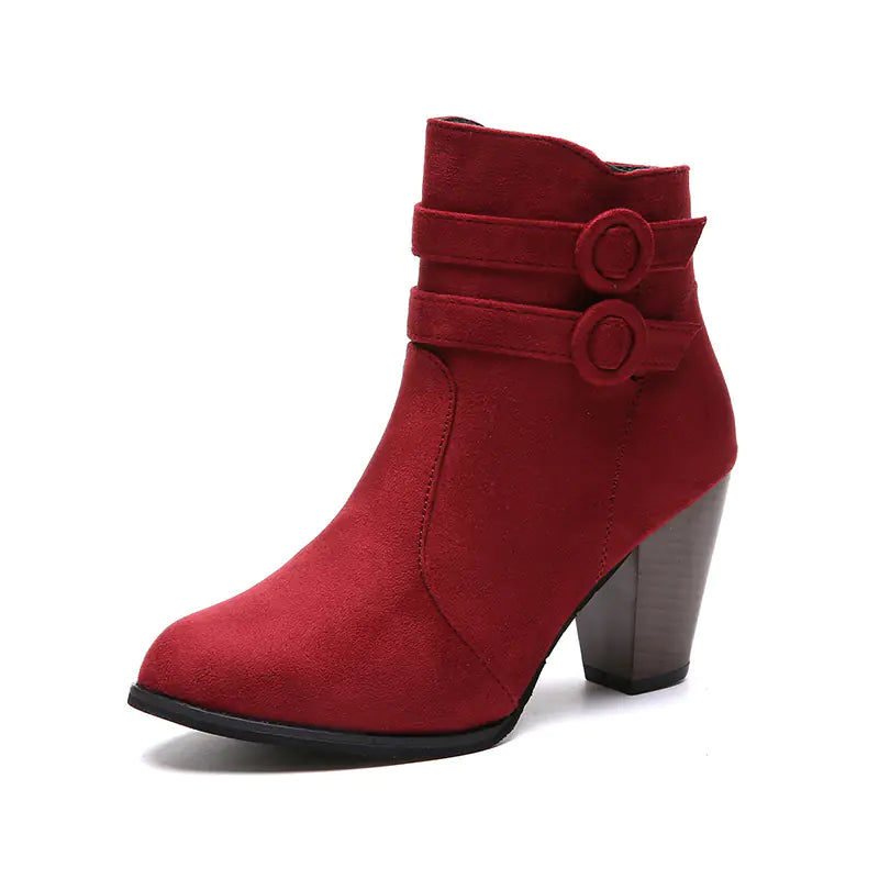 Women's Black Suede Chunky Heel Ankle Boots with Buckle Details - Image 6