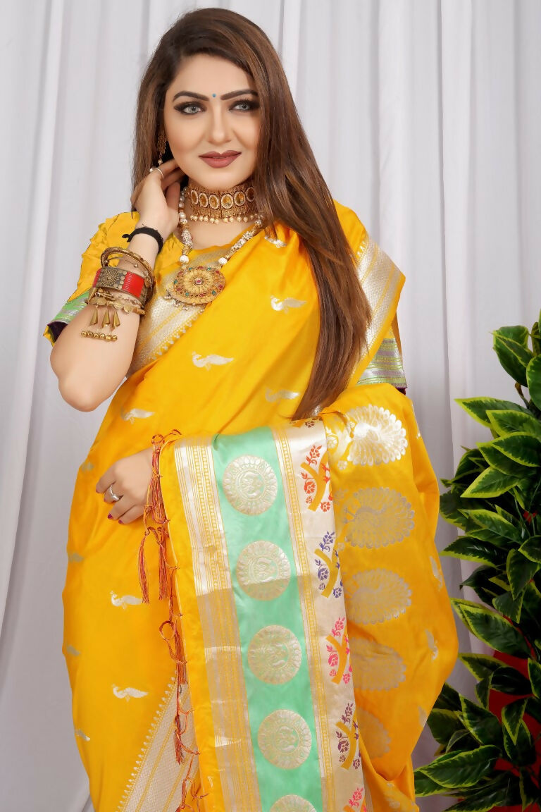 Yellow Paithani Silk Saree with Zari Woven Border and Blouse
