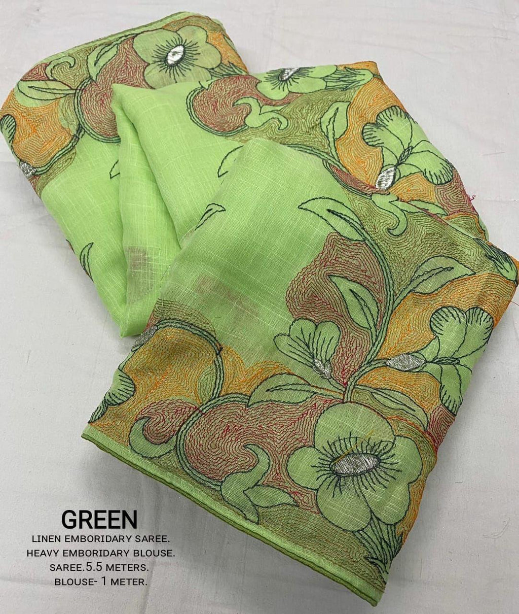 Green Pure Linen Saree with Pencil Stitch Embroidery