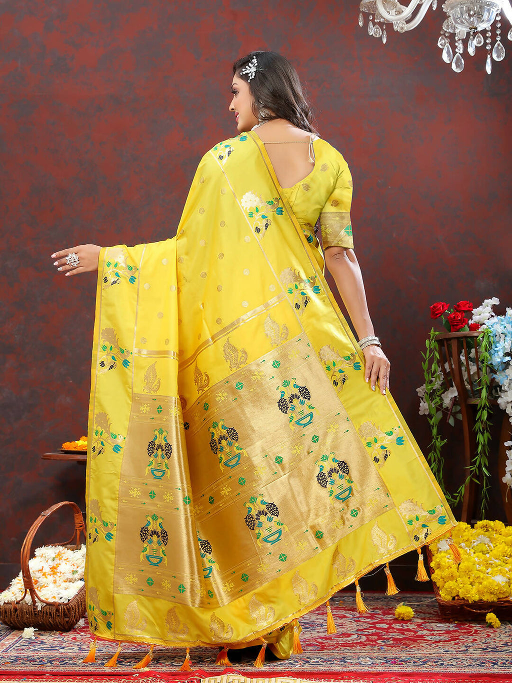 Lorenvalley Fashion Yellow Soft Paithani Silk Woven Design Gold Zari Meenakari Weaving Saree