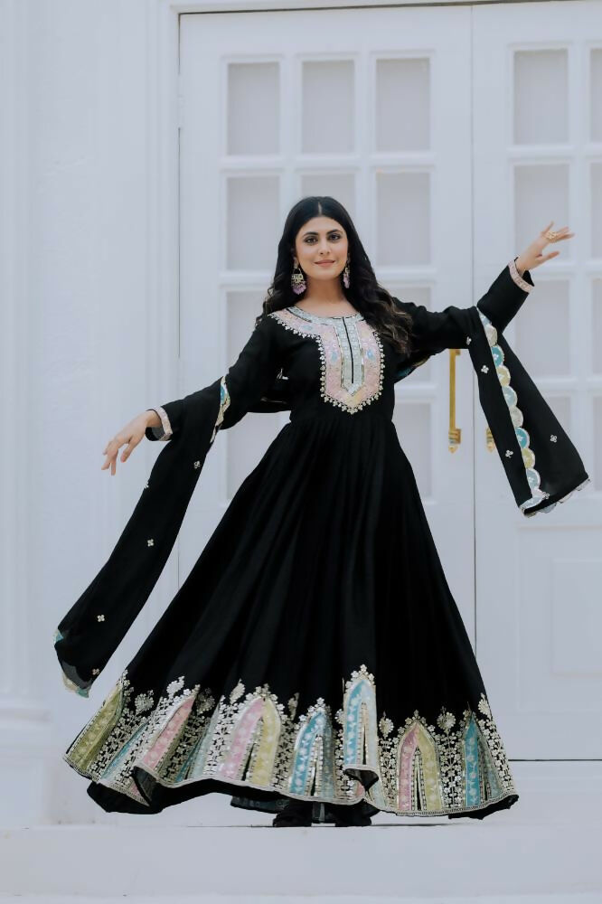 Joban Fashion Black Chinnon Silk Sequence Embroidery Work Readymade Kurta Set