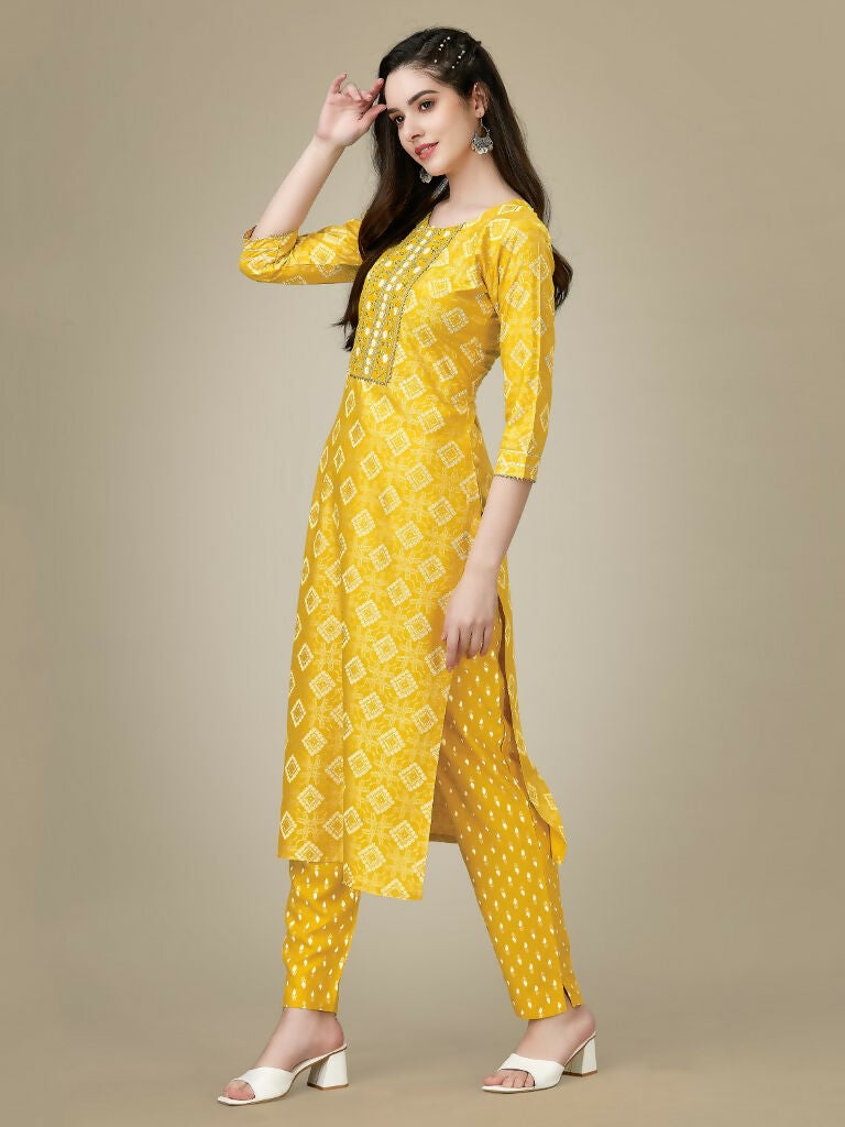 Women's Yellow Embroidered Straight Kurta Pant Set