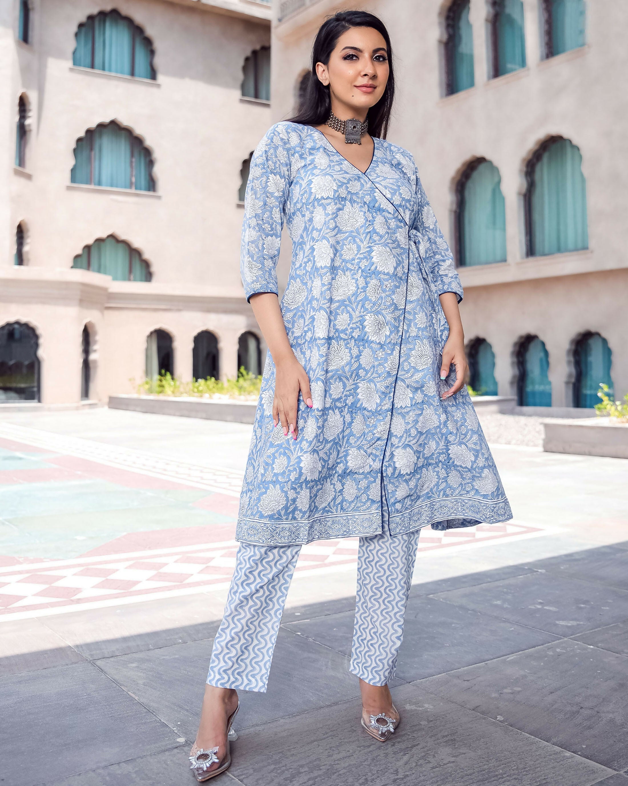 Women's Sky Blue Pure Muslin Digital Printed Kurta Pant Set