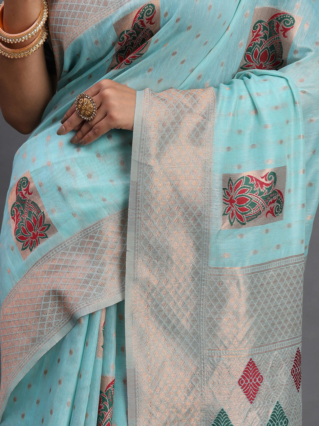 Sky Blue Linen Cotton Saree with Matching Blouse Piece